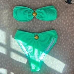 Green strapless bikini set with gold seashells!
